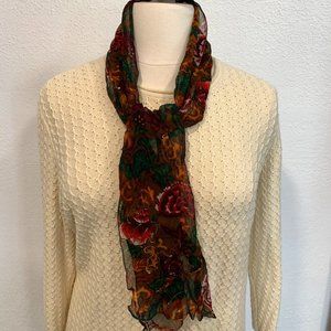 Womens Floral Scarf 54" x 8" Rectangle Brown MultiColor Lightweight Semi Sheer